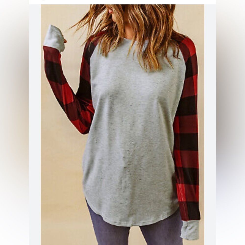 12PM by MON AMI women’s Red RAGLAND plaid sleeves sweatshirt / top / grey Large